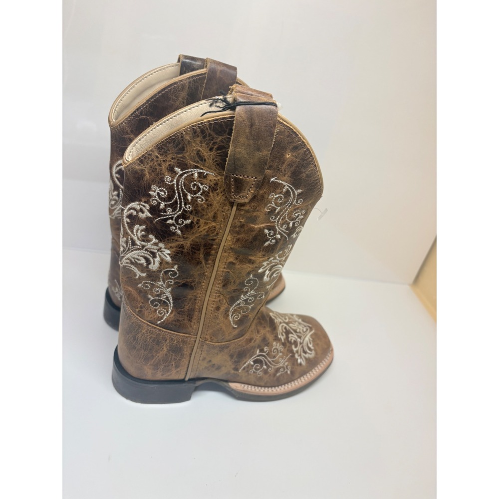 Old West Girls 1D Burnt Tan Leather Embroidered Cowboy Boots BSC1958